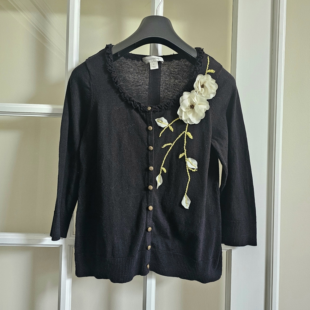 Christopher Banks Cardigan Sweater Black Flower Flaw Medium 3/4 Sleeve